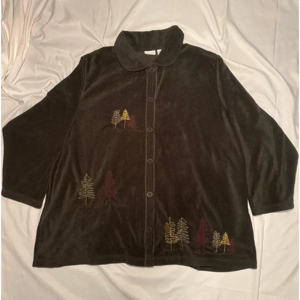 Vintage White Stag Fleece‎ Cardigan Womens 26W/28W Olive Green Embroidered
